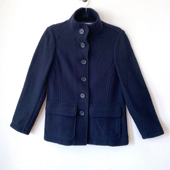 LL Bean Boiled Funnel Neck Wool Button Front Pocket Jacket Blue Womens XS Petite - Picture 1 of 4